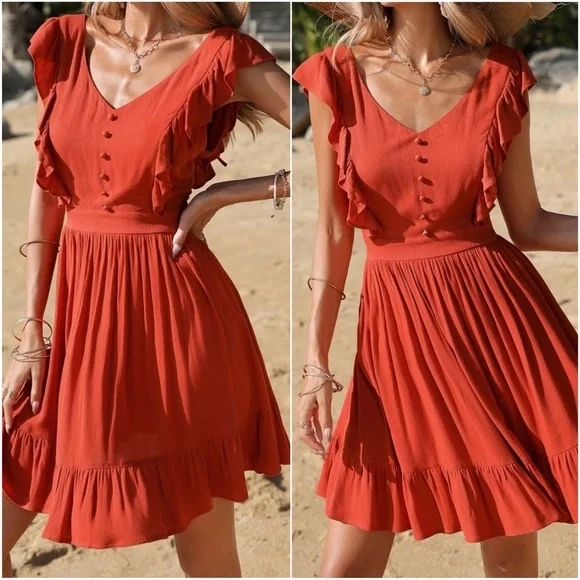 Boho Button Detail Ruffle Sleeve Backless Mini Dress - Picture 2 of 3
